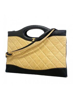 Chanel Handbag Quilted Lambskin Beige Black Gold 2-Way Bag